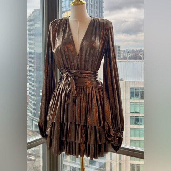 🆕 BRONX & BANCO 🧿 NWOT Bellerose Ruffled Mini Dress, Metallic Gold Sz S / US 4 - Picture 13 of 16